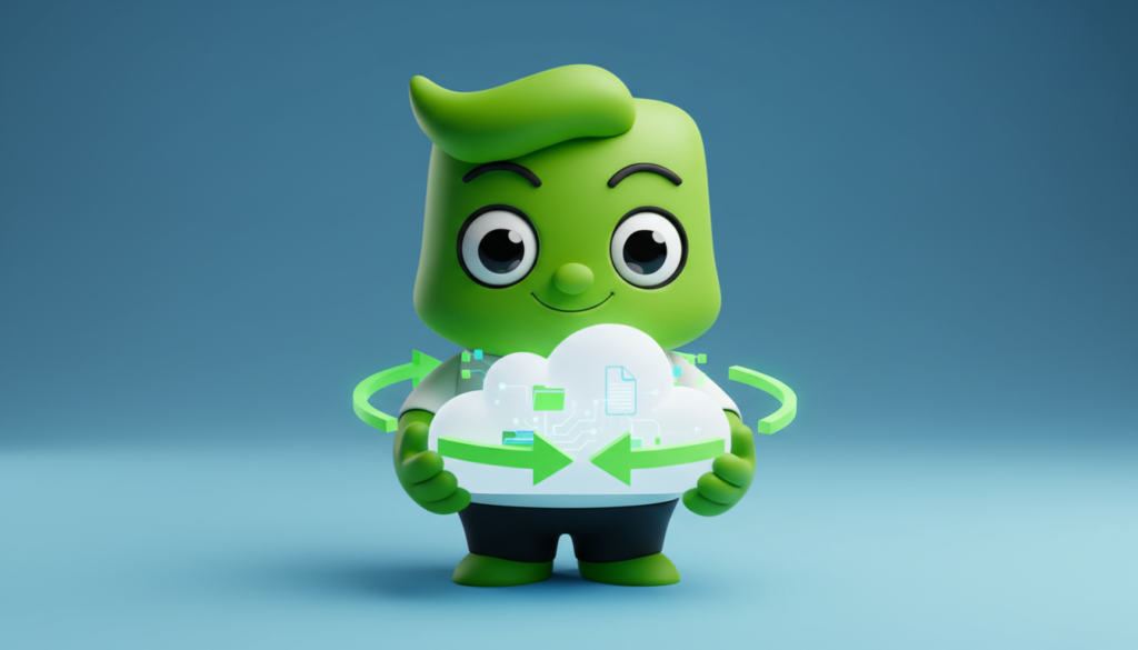 USER IT maskot der holder en sky der viser backup af systemer