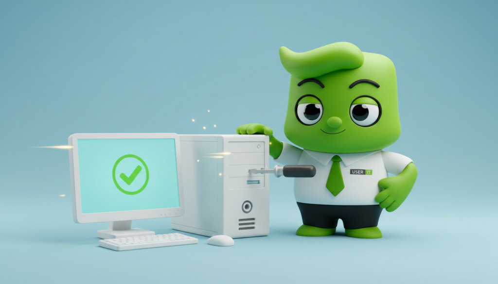 USER IT maskot der viser en enkelt IT analogi på computer opdateringer